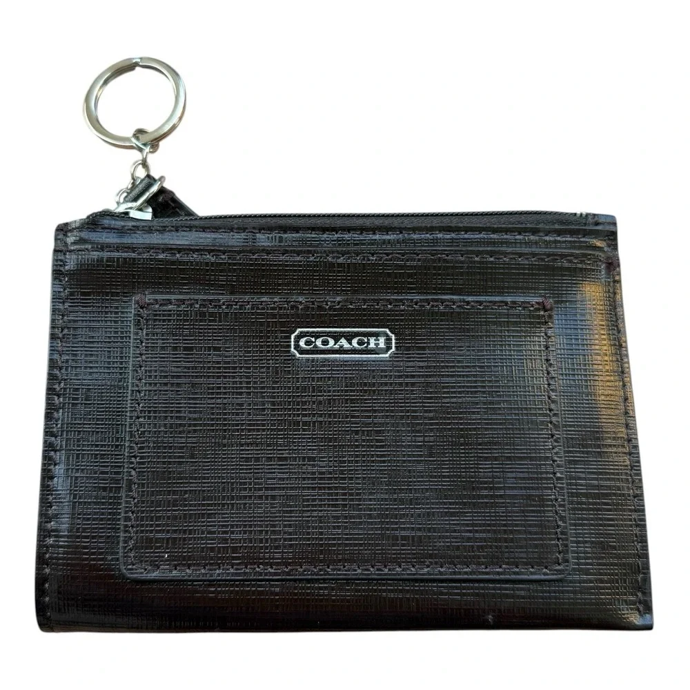 Coach Brown Textured Leather Zip Coin Purse Card Holder Keychain Wallet